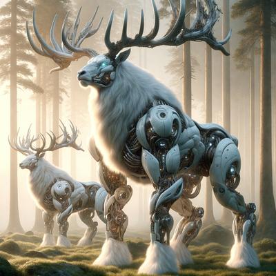 The primary subject of the image is a large, white, antlered creature with a robotic appearance. It is standing in a forest, surrounded by trees. The setting is a forest with a mix of natural elements and futuristic technology. The visual style is a combination of digital art and illustration, creating a unique and intriguing scene. The colors and mood of the image are predominantly dark and mysterious, with the white antlered creature standing out as the focal point.